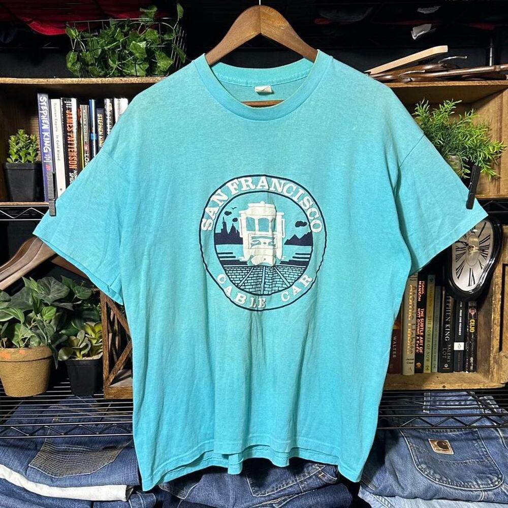 Vintage 80s Single Stitch San Fransisco Cable Car Tee Faded Blue Boxy Shirt XL